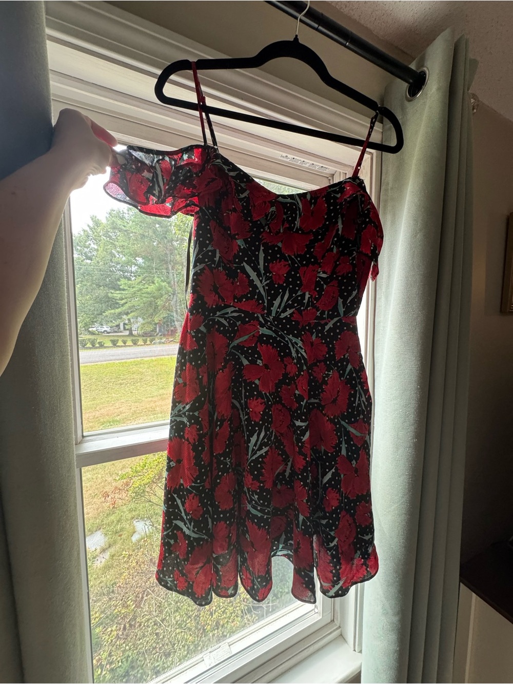 B Darlin Black Dress with Red Floral and Polka Dot Print